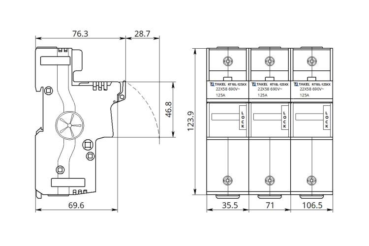 Тримач плавкого запобіжника RT18L-125X 3Р 125А типорозмір 22x58 TAKEL