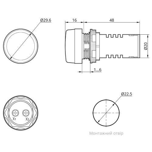 Світлодіодний індикатор AD22D 230v АC/DC ARGENT, жовтий TAKEL